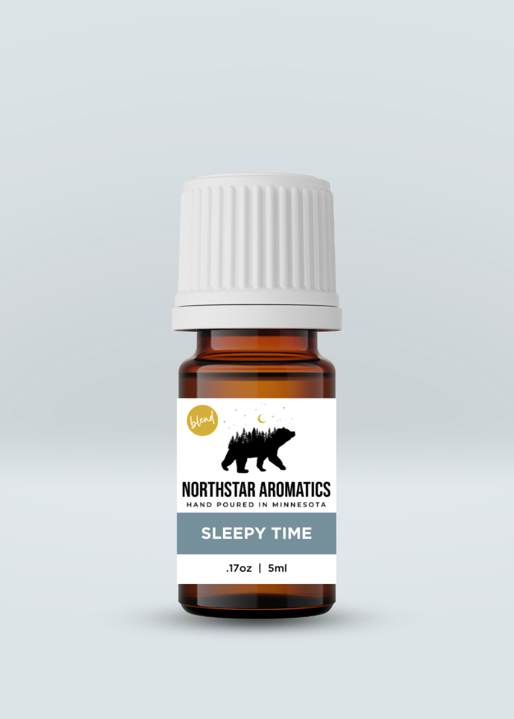 Amber glass bottle of Sleepy Time blend by Northstar Aromatics with white cap on pale gray background