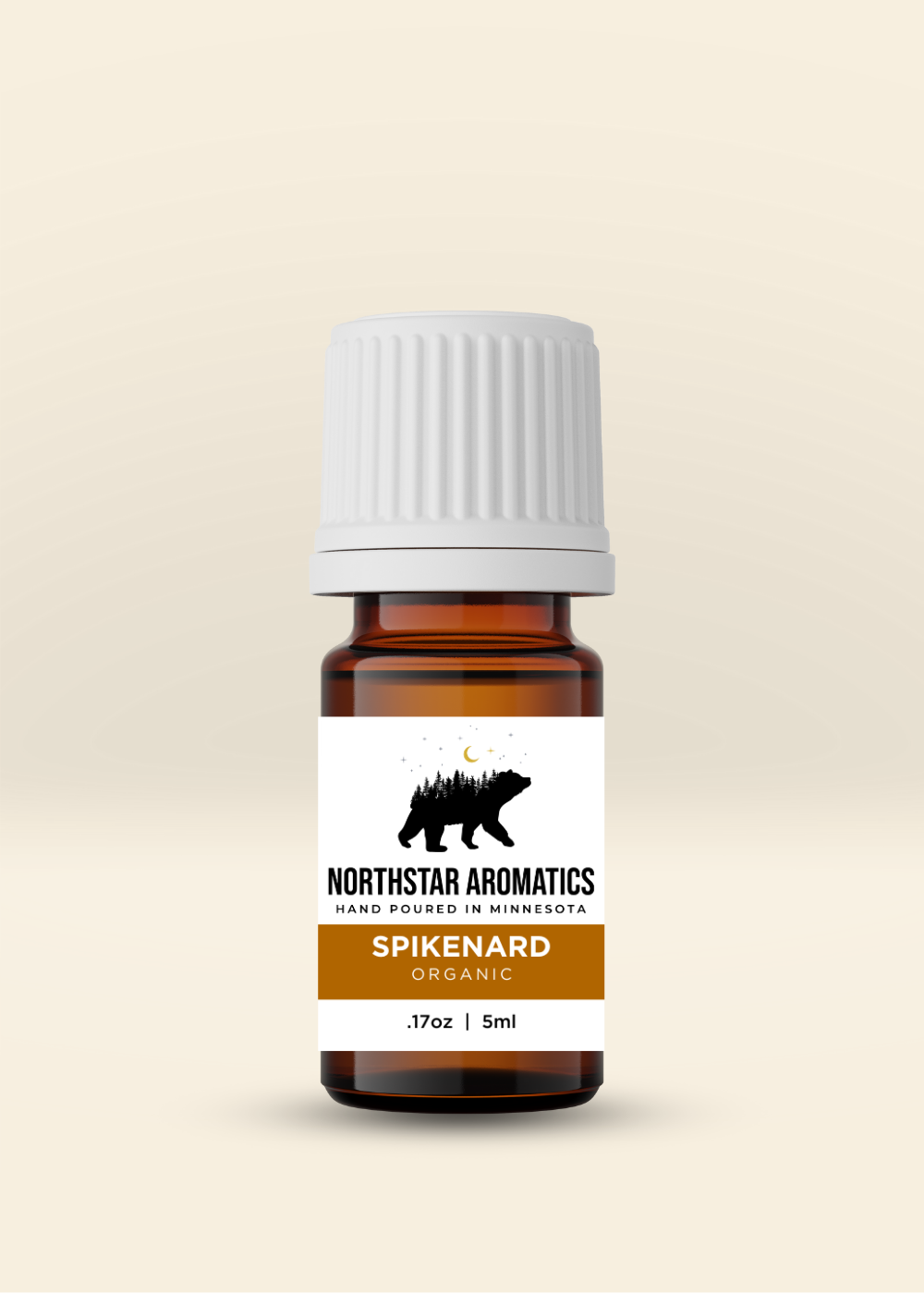 Organic Spikenard Wild essential oil bottle by Northstar Aromatics in 5ml amber glass with white cap.