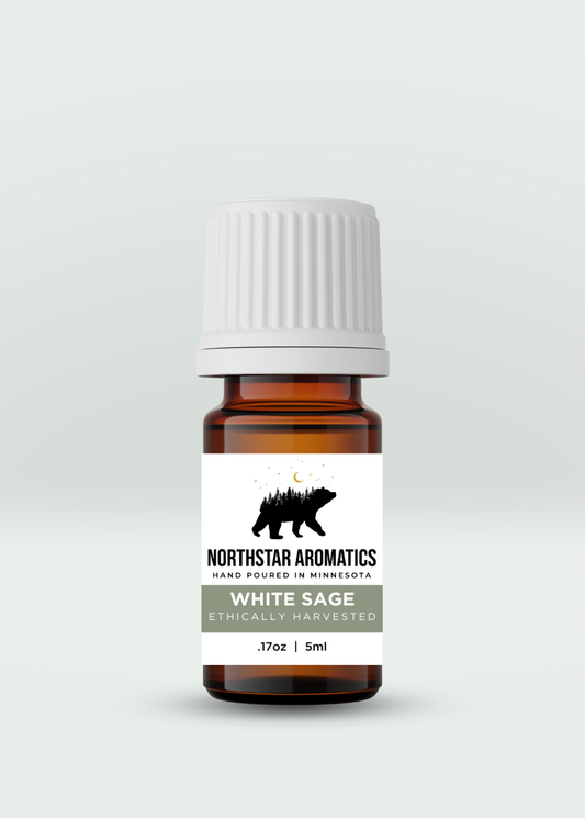 White Sage essential oil bottle by Northstar Aromatics with herbal, earthy aroma, ethically harvested and hand poured in Minnesota.