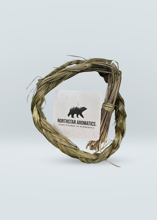 Sweetgrass Braid by Northstar Aromatics, ethically harvested for smudging and purifying rituals, braided natural sweetgrass bundle.
