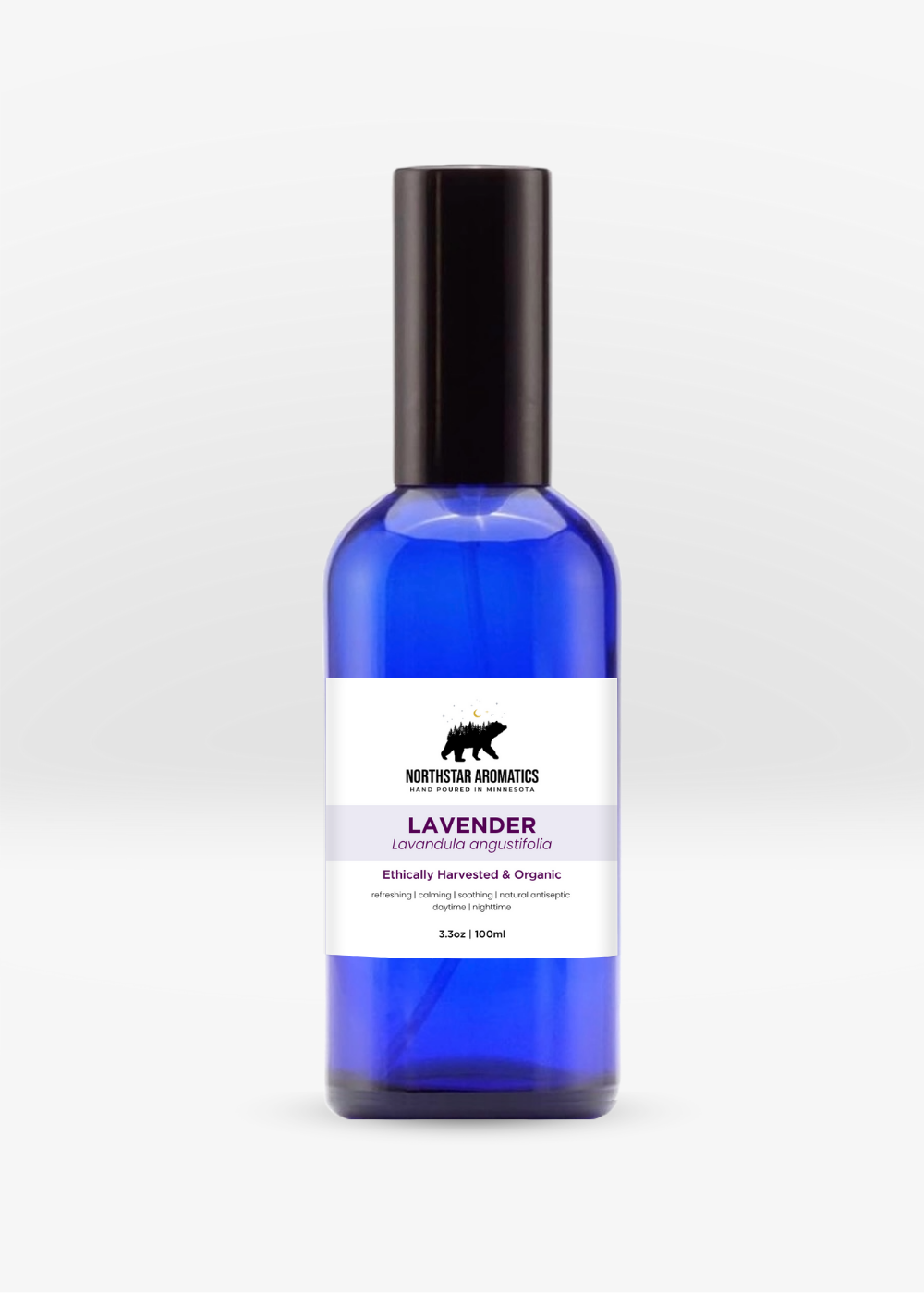 Lavender Spray in a blue bottle by Northstar Aromatics for soothing skin and promoting restful sleep.