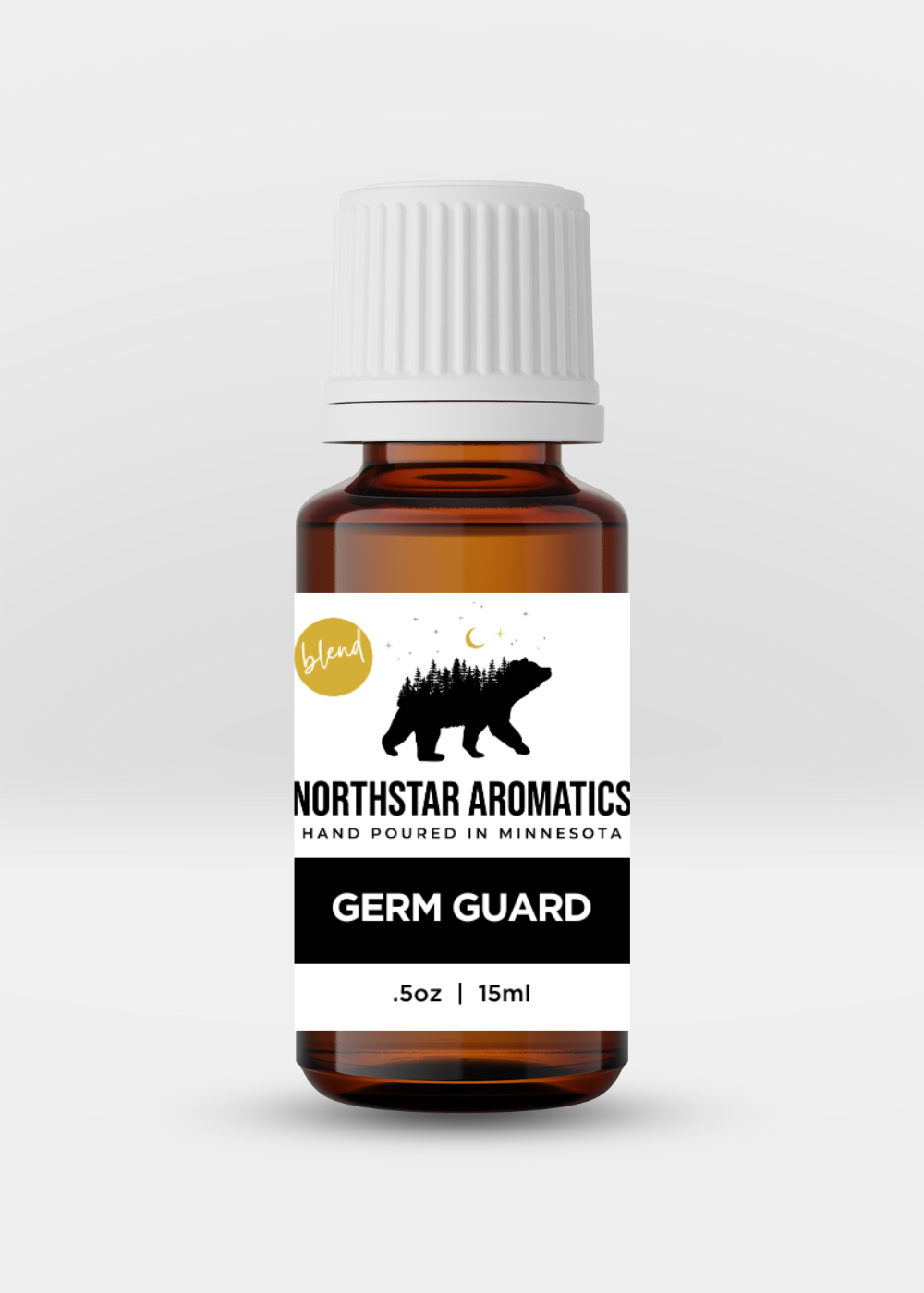 Amber glass bottle of Germ Guard essential oil blend by Northstar Aromatics with white cap and label