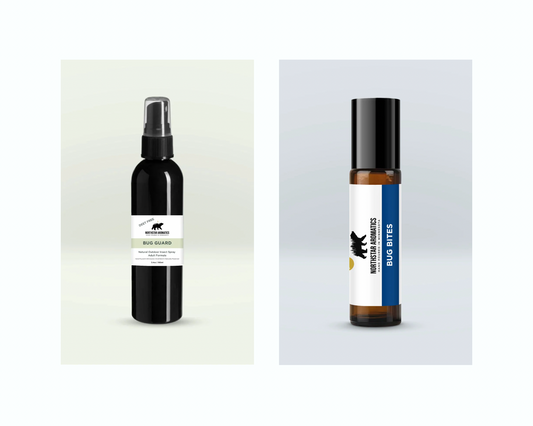 Bug Season Essentials Bundle (Adult Spray + Bite Relief) with natural eucalyptus spray and roll-on bite relief in simple packaging.