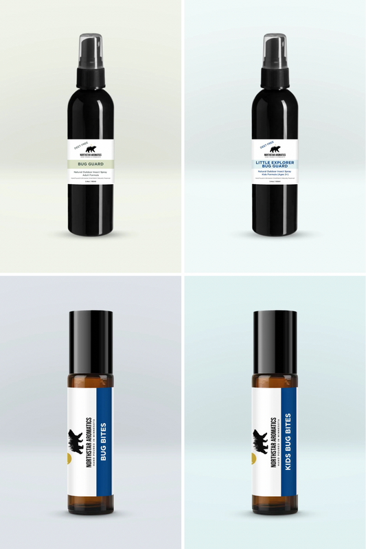 Bug Season Family Bundle (Spray + Relief for Adults & Kids) with essential oils in sleek black bottles for natural Minnesota aromatherapy.