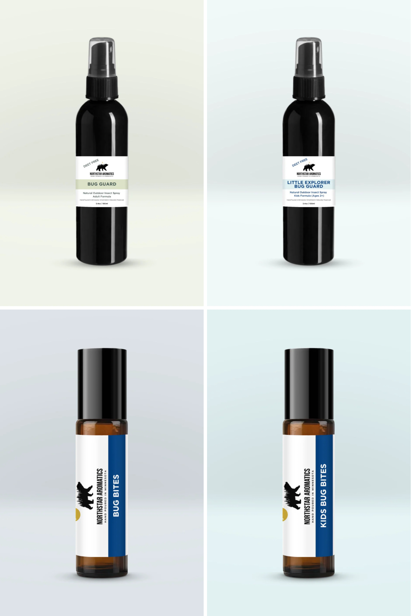 Bug Season Family Bundle (Spray + Relief for Adults & Kids) with essential oils in sleek black bottles for natural Minnesota aromatherapy.