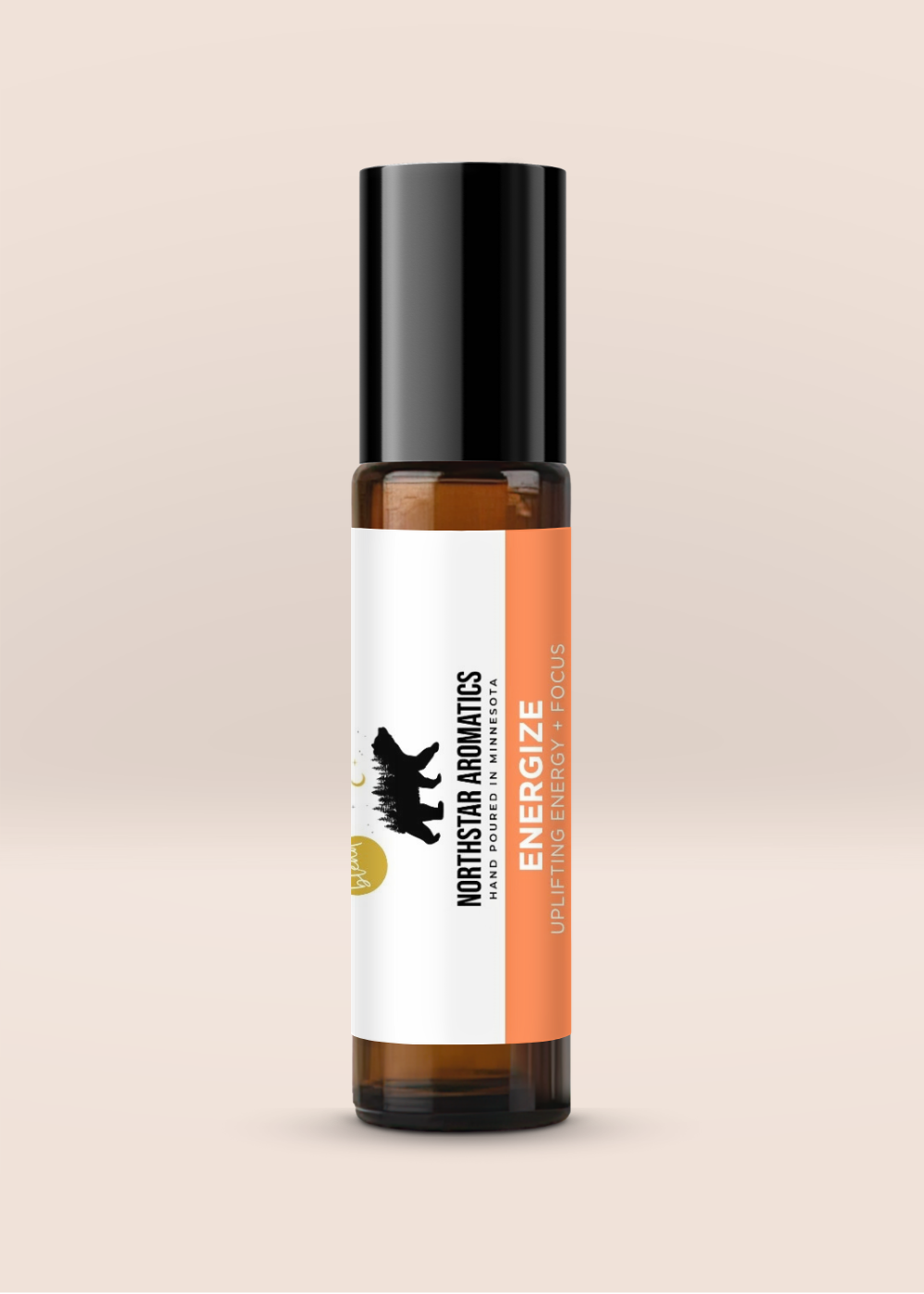 Energize essential oil roll-on by Northstar Aromatics, uplifting citrus and mint blend in amber glass bottle, hand poured in Minnesota.