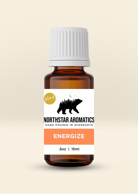 Northstar Aromatics Energize essential oil stock blend in a 15 mL bottle, featuring bright citrus, cool mint and fresh herbal notes.