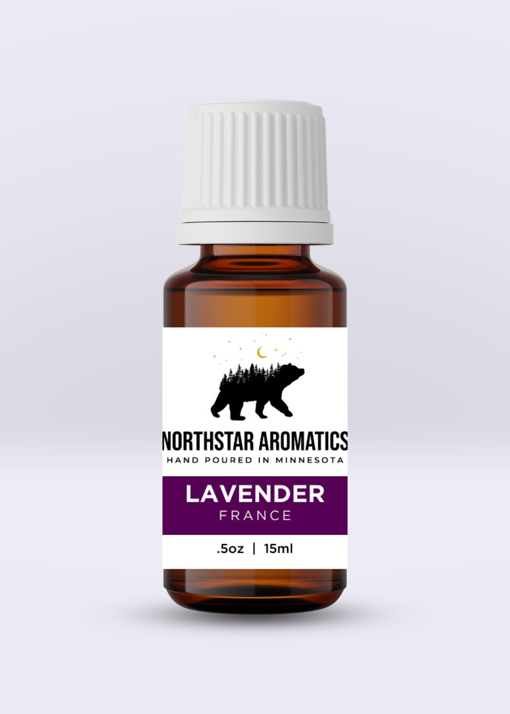 Amber glass bottle of Organic French Lavender essential oil with white cap in portrait orientation.