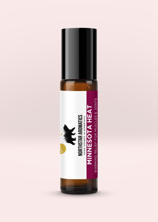 Roll-on bottle of Minnesota Heat for warming relief of sore muscles and joints with a calming effect