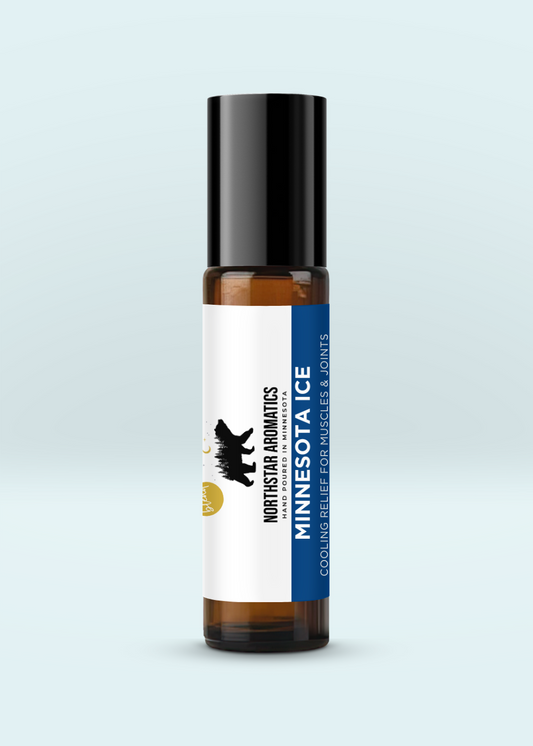 Roll-on bottle of Minnesota Ice for cooling relief on muscles and joints with a simple brown and blue label design.