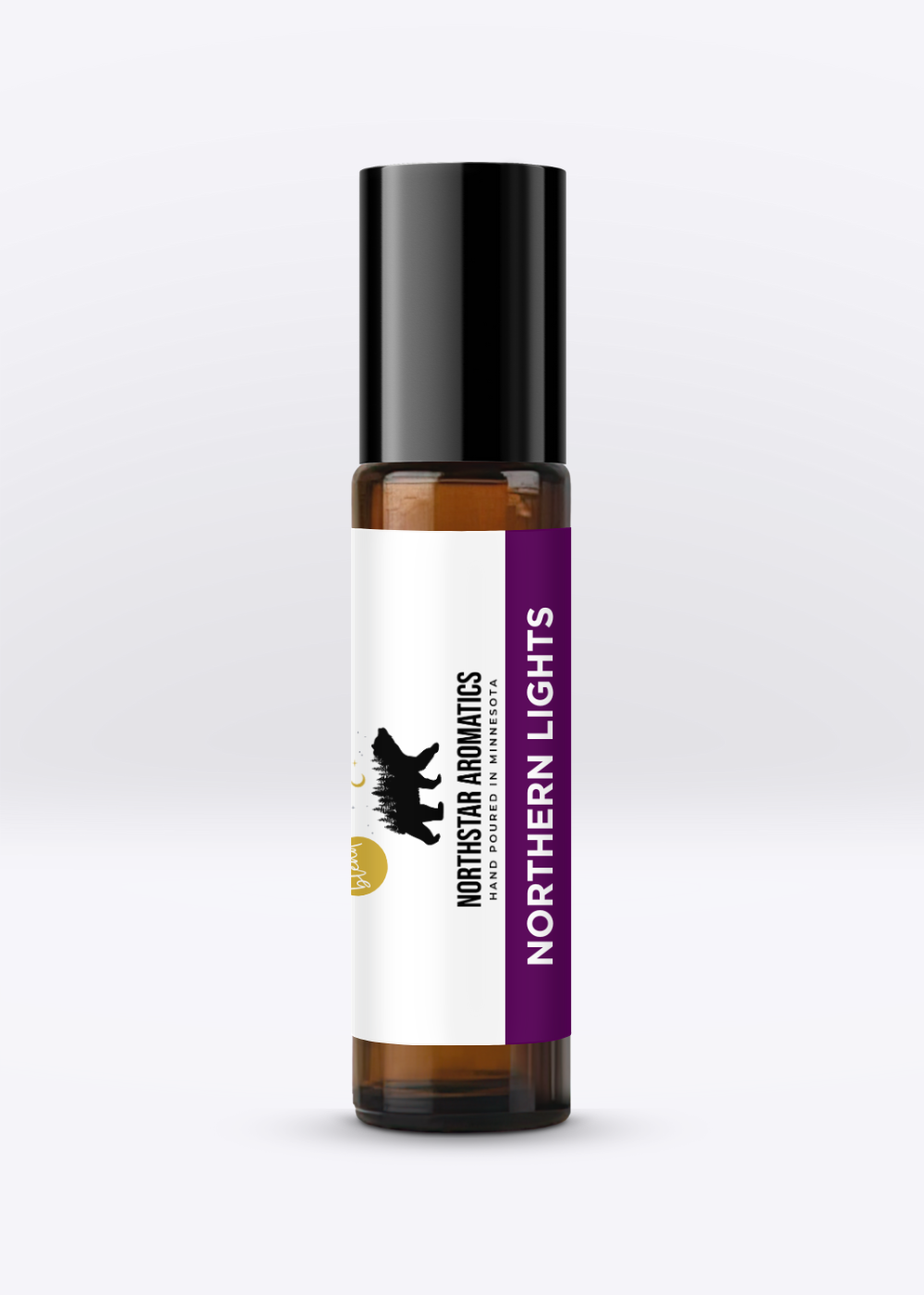 Roll-on bottle of Northern Lights aromatherapy oil with purple and white label on light background