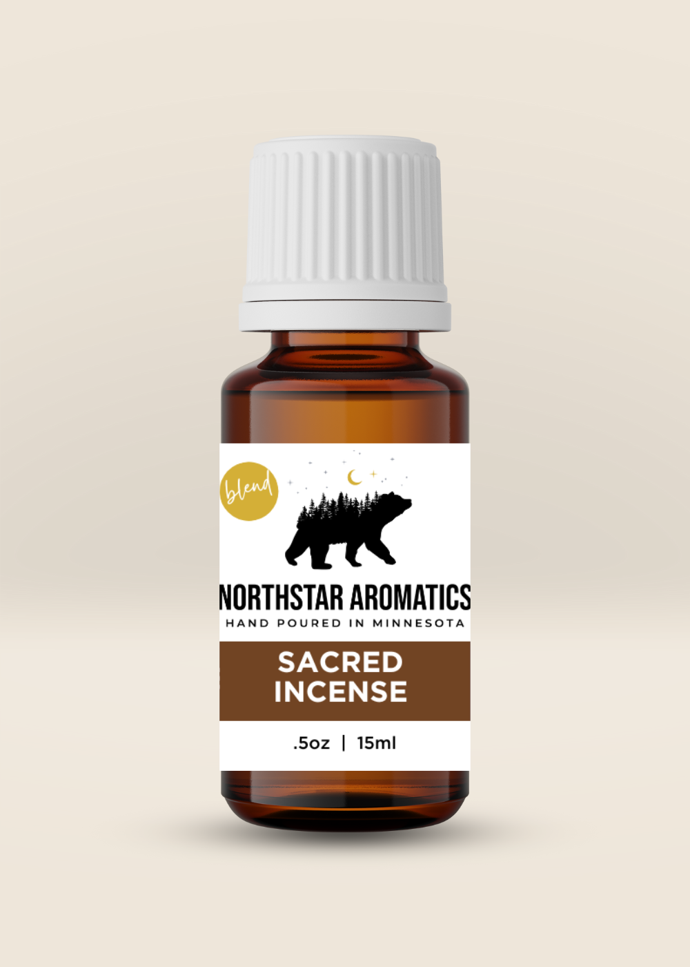 Amber glass bottle of Sacred Incense blend by Northstar Aromatics for ritual and grounding practices