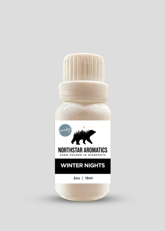Winter Nights Laundry Oil by Northstar Aromatics, cozy vanilla citrus dryer ball oil for wool dryer balls.